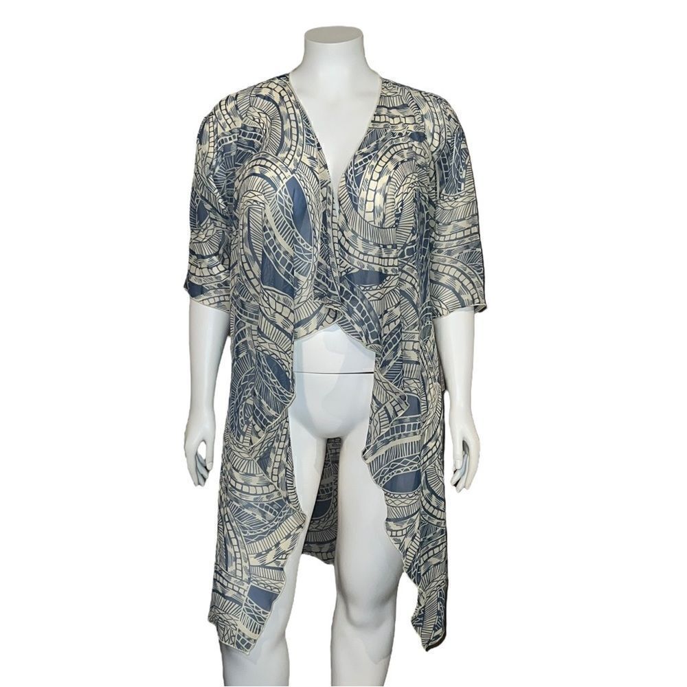 LulaRoe Beige & Blue Shirley Kimono Open Wrap Ruana Geometric Medium NWT